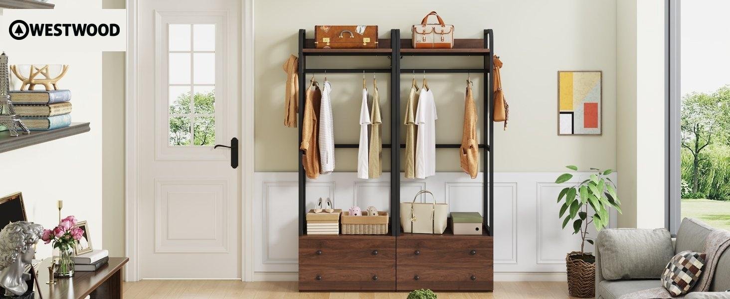Freestanding Clothes Rack with 2 Drawers, Top Shelf and 6 Hanging Hooks