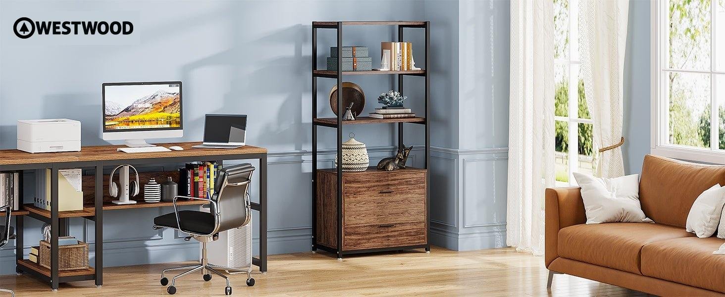 4-Tier Bookshelf Etagere Display Bookcase with 2 Drawers