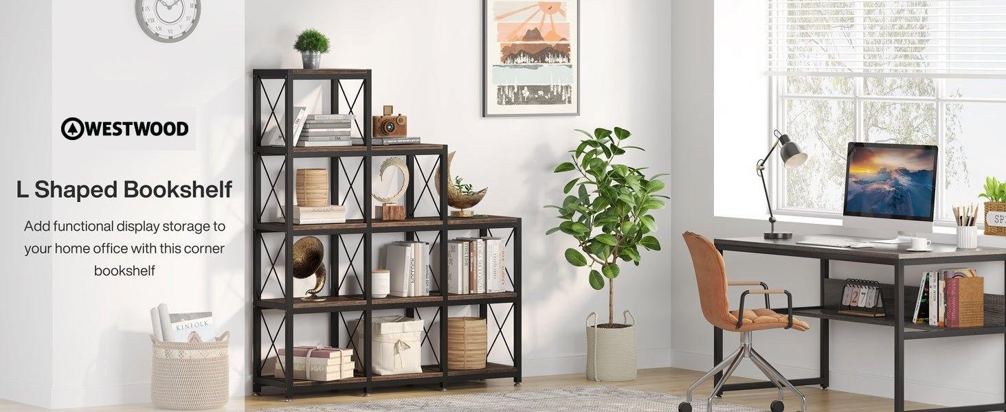 L-Shaped Ladder 9 Cubes Bookshelf, 12 Shelves Industrial Corner Etagere Bookcase