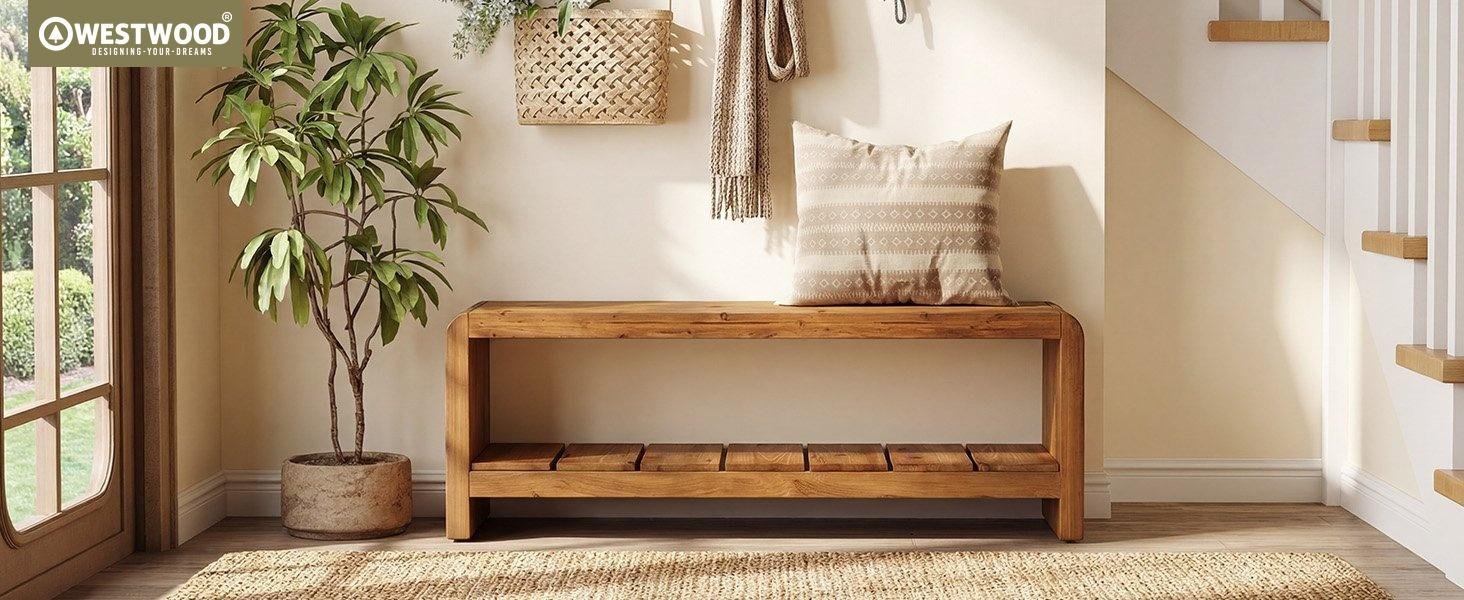59" Solid Wood Entryway Bench, Farmhouse End of Bed Seating Shoe Bench with Storage