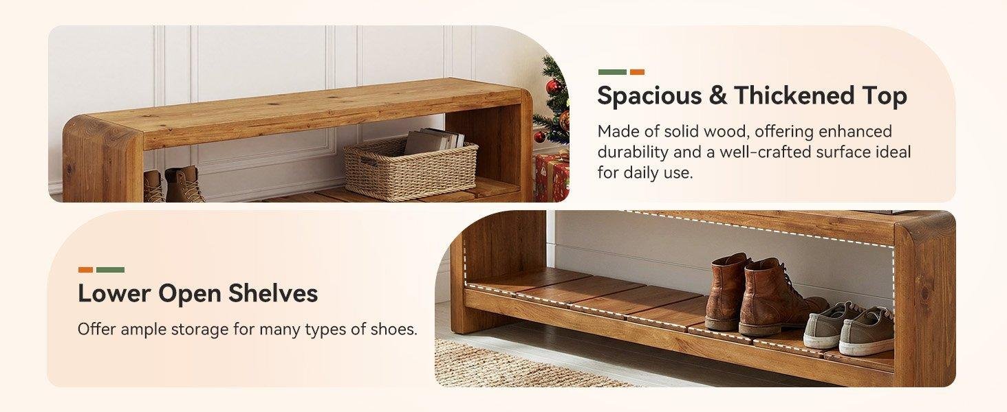 59" Solid Wood Entryway Bench, Farmhouse End of Bed Seating Shoe Bench with Storage