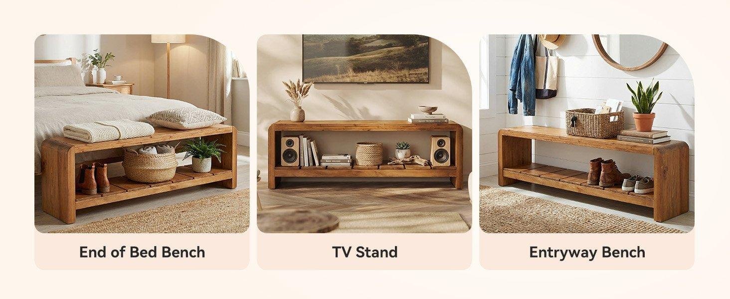 59" Solid Wood Entryway Bench, Farmhouse End of Bed Seating Shoe Bench with Storage