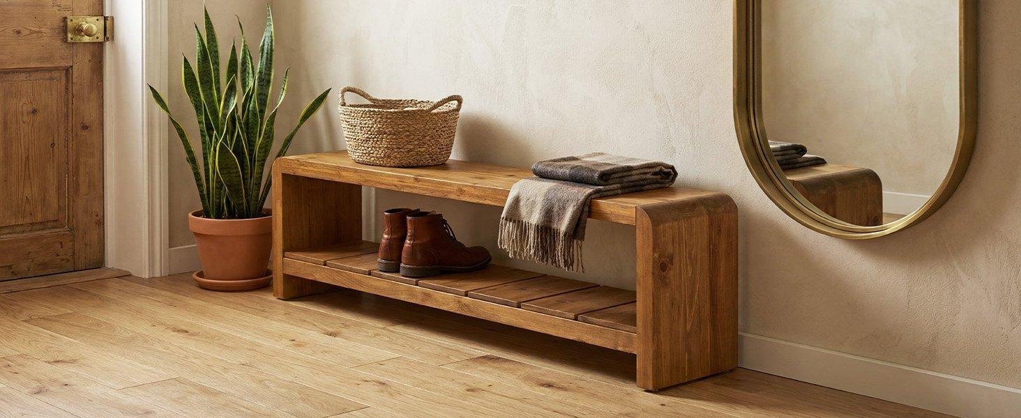 59" Solid Wood Entryway Bench, Farmhouse End of Bed Seating Shoe Bench with Storage