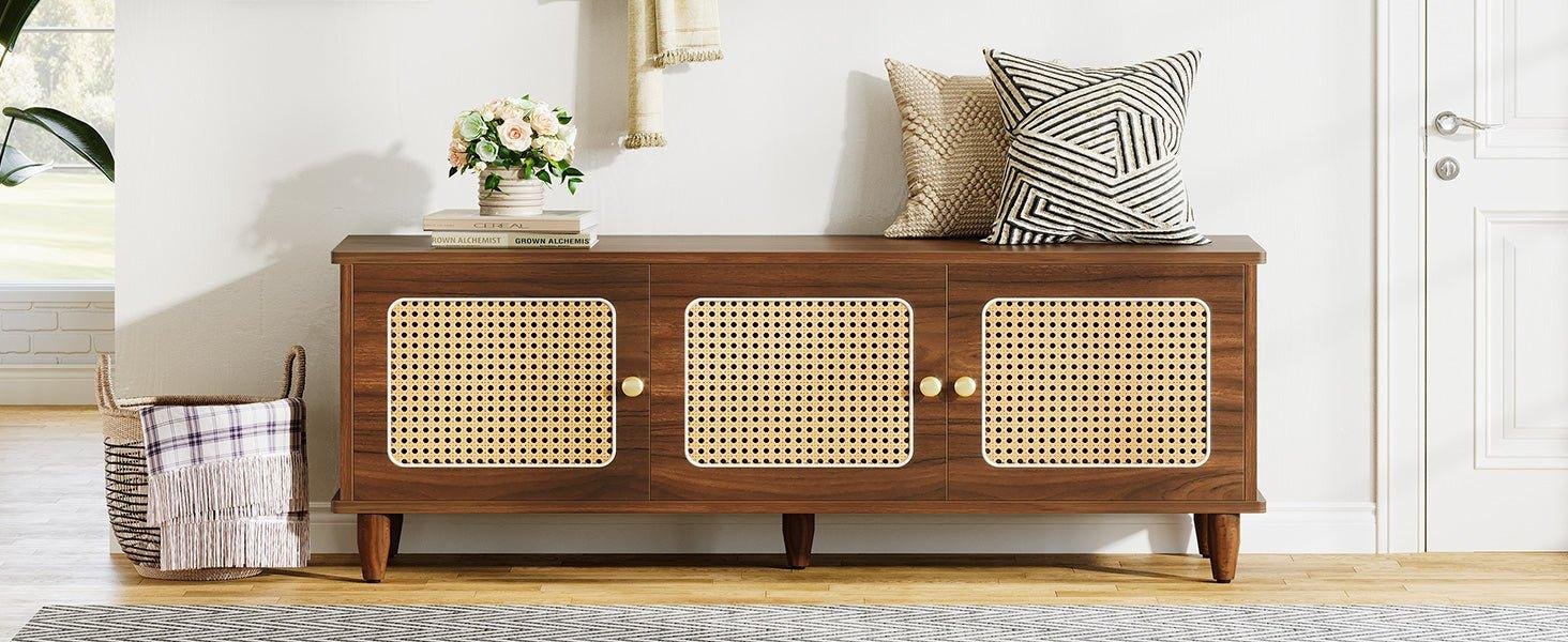 Shoe Stoage Bench with Rattan Door for Entryway