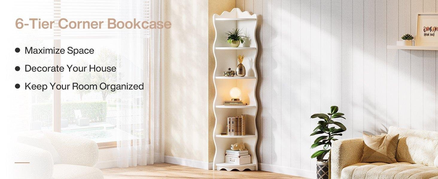 5-Tier Corner Shelf, 70.8" Corner Bookshelf Wavy Shaped Display Rack