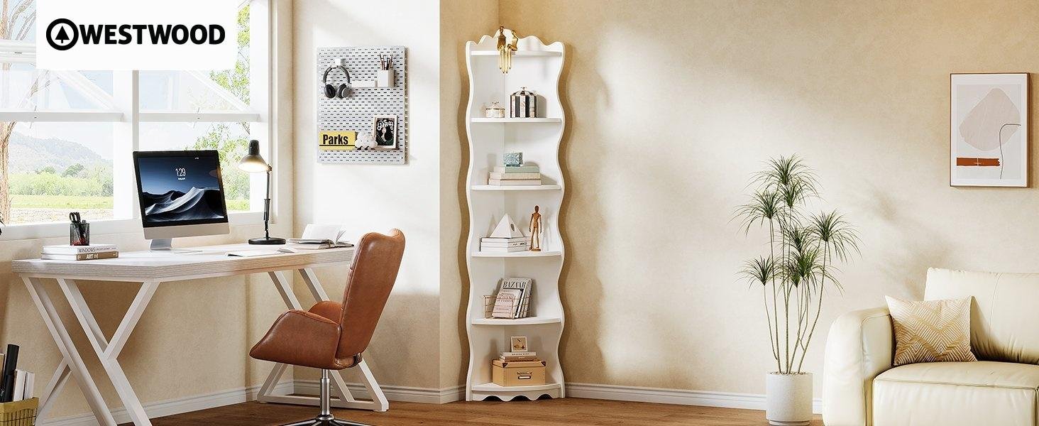 5-Tier Corner Shelf, 70.8" Corner Bookshelf Wavy Shaped Display Rack