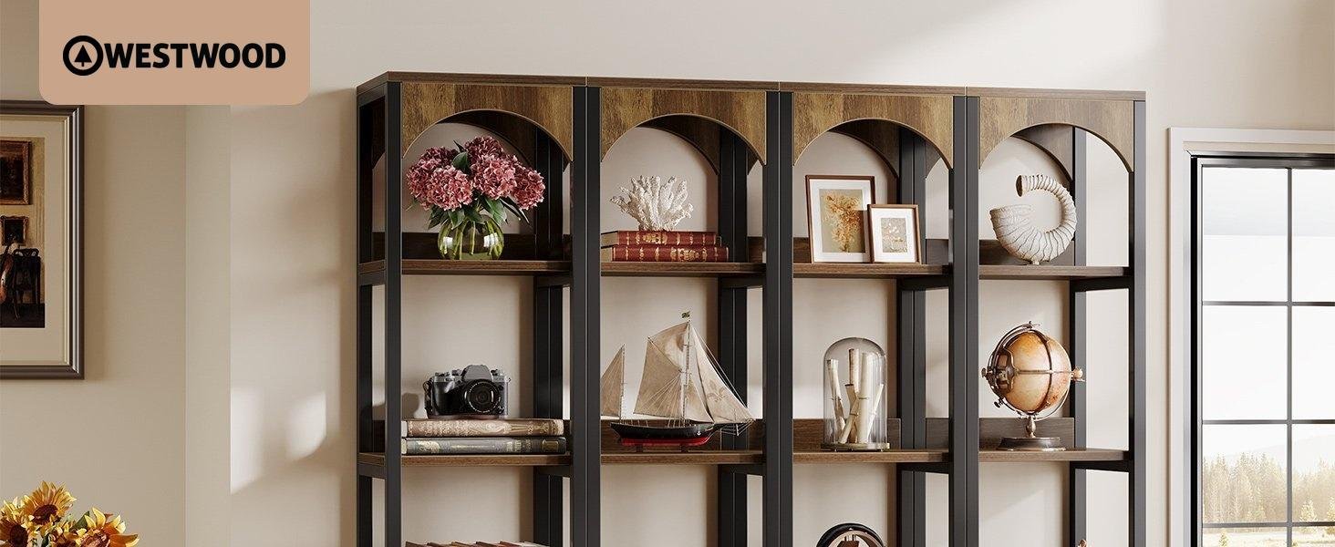 71.6" Bookshelf with Cabinet, Narrow Bookcase with Open Storage Shelves