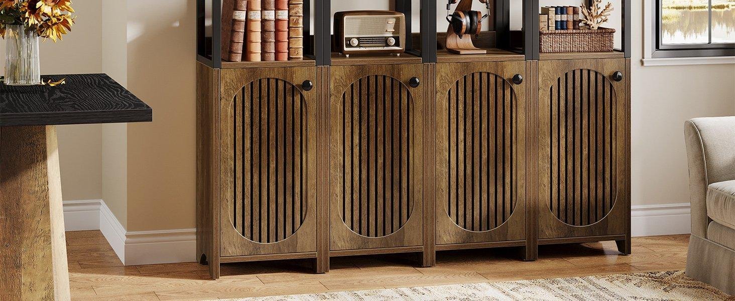 71.6" Bookshelf with Cabinet, Narrow Bookcase with Open Storage Shelves