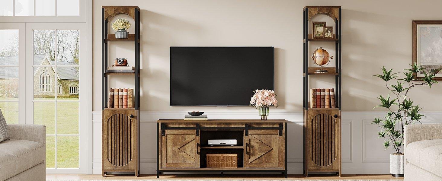 71.6" Bookshelf with Cabinet, Narrow Bookcase with Open Storage Shelves
