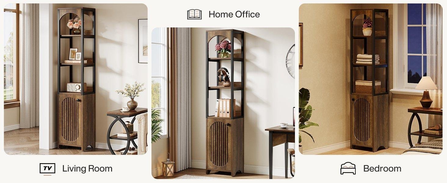 71.6" Bookshelf with Cabinet, Narrow Bookcase with Open Storage Shelves
