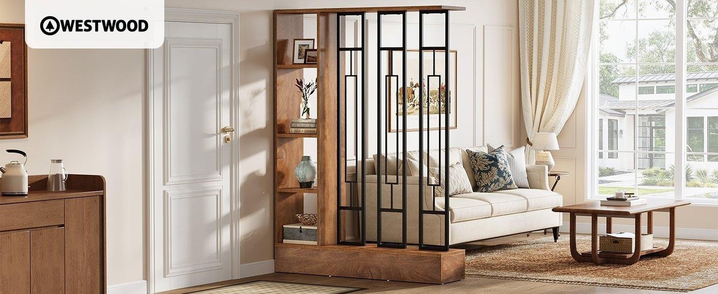 70.9" Wall Room Divider, Freestanding Wall Partition with Display Shelves