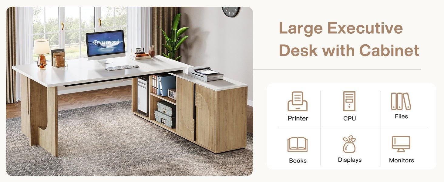 74" Executive Desk, L-Shaped Computer Desk Office Desk With Cabinet