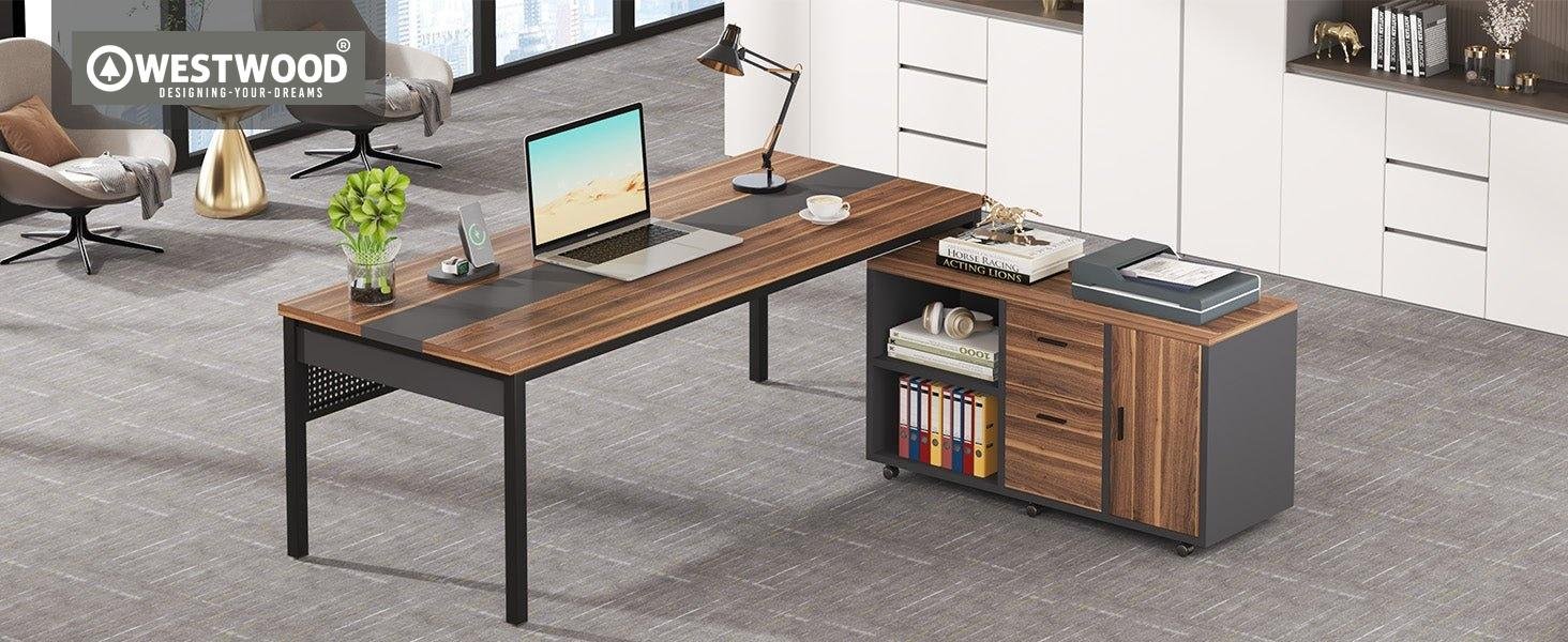 Industrial L-Shaped Desk, 71" Executive Desk with 47" Mobile File Cabinet