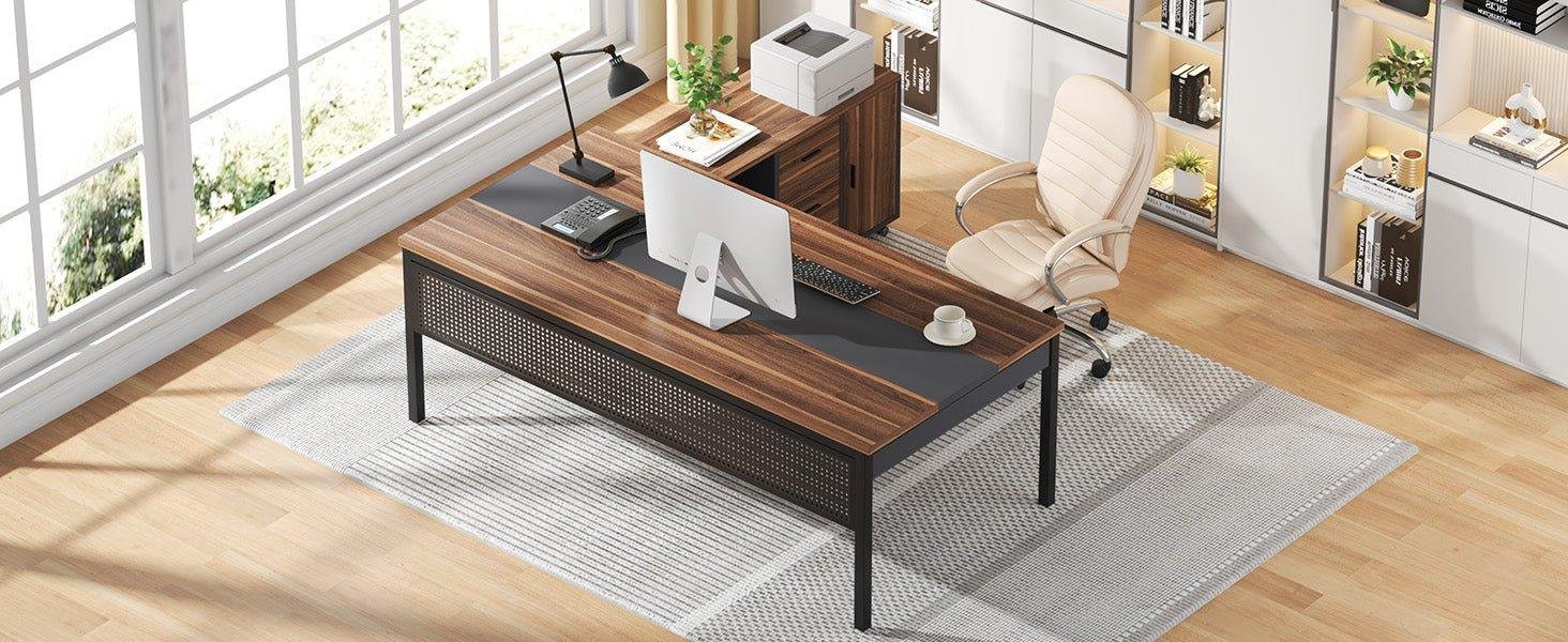 Industrial L-Shaped Desk, 71" Executive Desk with 47" Mobile File Cabinet