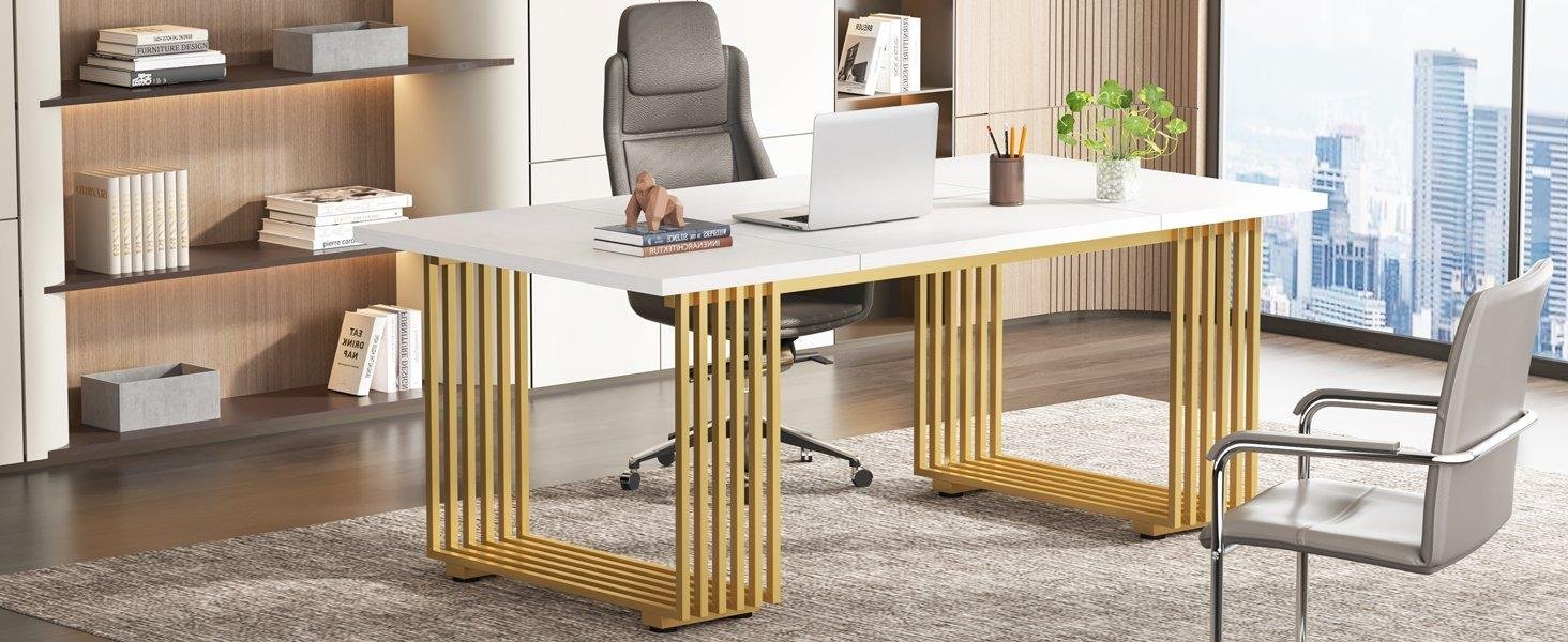 The white and gold color is consistent with the overall atmosphere and personal temperament of the company and adds a modern style to your home office or study space with this practical office desk.