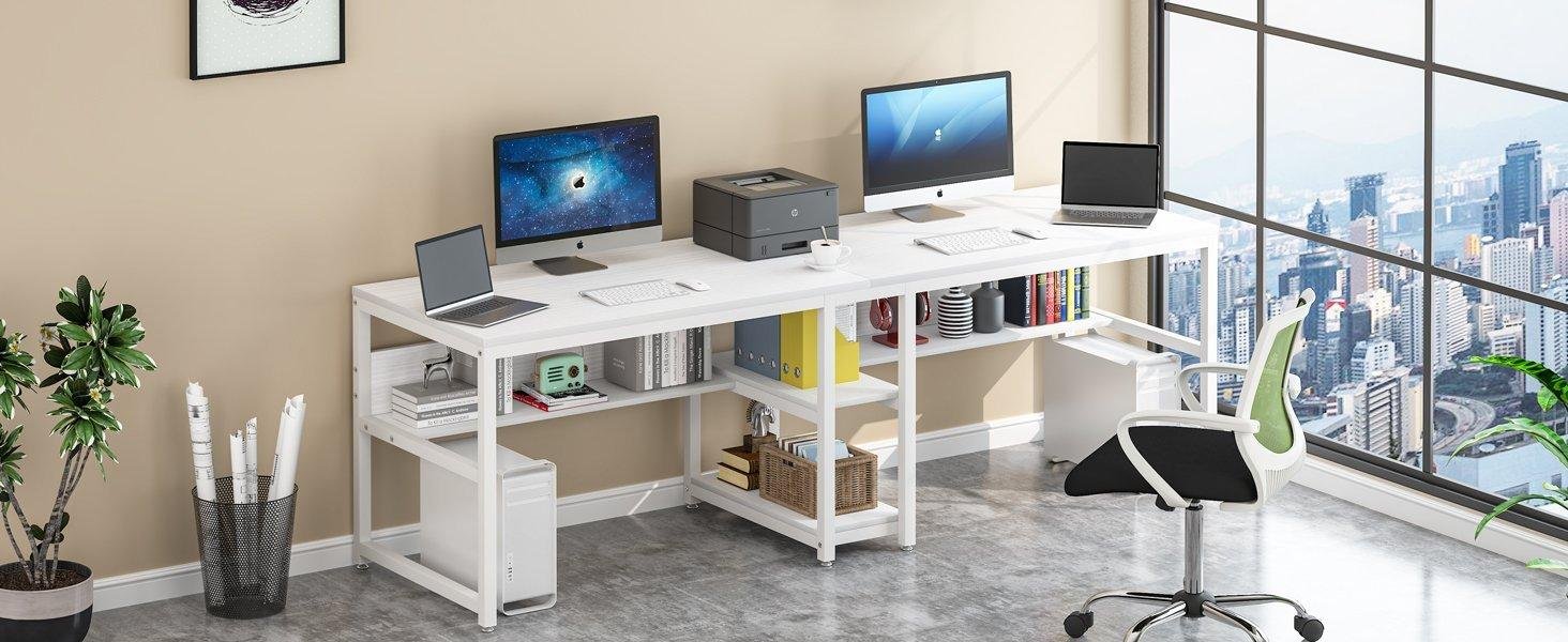 78.7" Two Person Desk, Double Computer Desk with Bookshelf