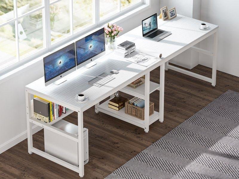 White Double Desk with Storage