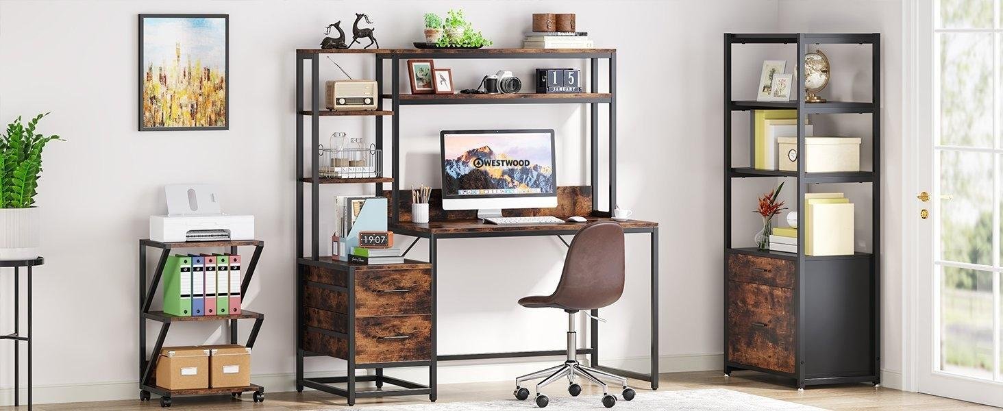Westwood 55 Inch Computer Desk with Storage Shelves, Rustic Office Desk with Drawers