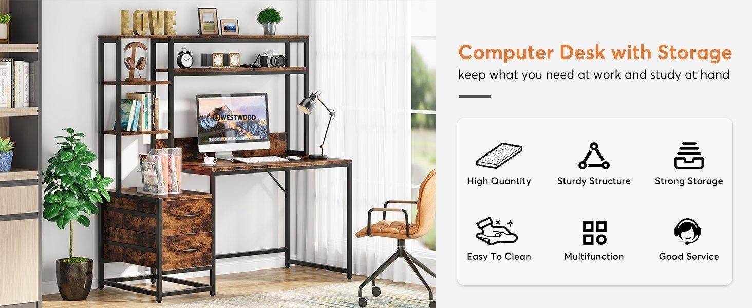 Westwood 55 Inch Computer Desk with Storage Shelves, Rustic Office Desk with Drawers
