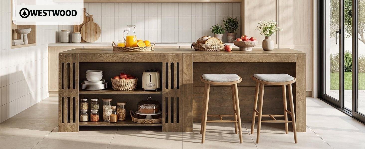 55" Kitchen Island, 3-Tier Farmhouse Stationary Center Island Table with Spacious Worktop