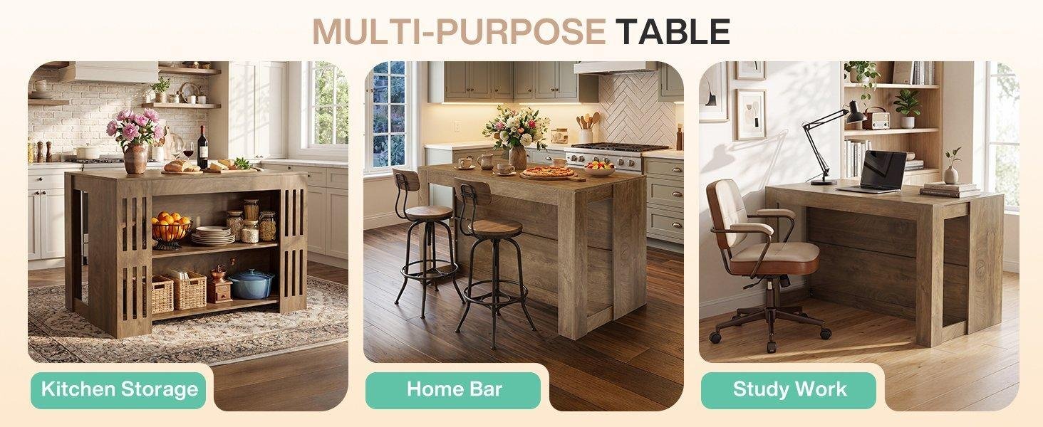 55" Kitchen Island, 3-Tier Farmhouse Stationary Center Island Table with Spacious Worktop