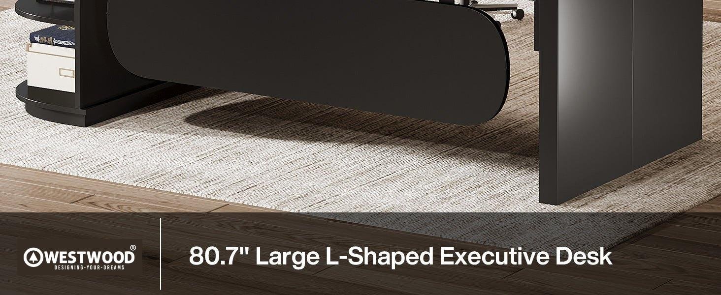 Large 80" L-Shaped Computer Desk with Storage Drawers, Executive Office Workstation