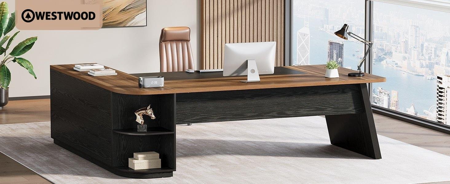 79" Executive Desk, L-Shaped Office Compter Desk with Cabinet for Home Office