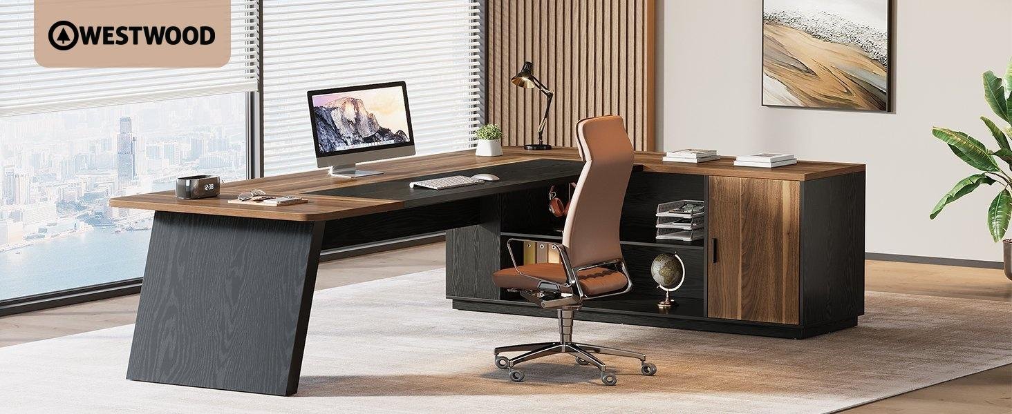 79" Executive Desk, L-Shaped Office Compter Desk with Cabinet for Home Office