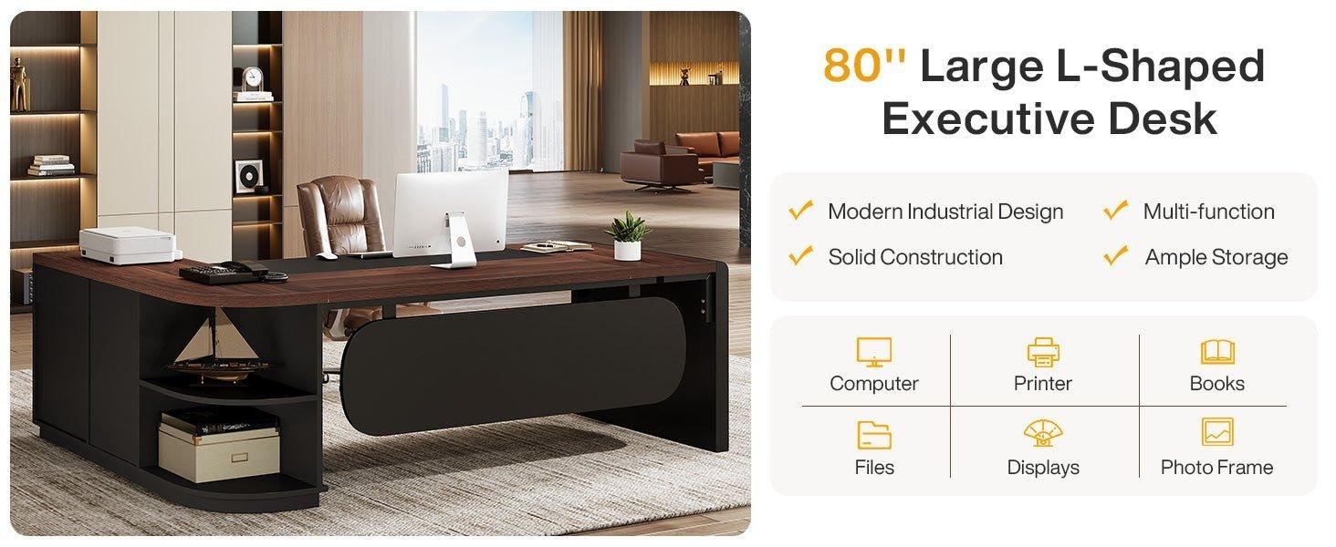 80" Executive Desk, L-Shaped Computer Desk with Storage Drawers