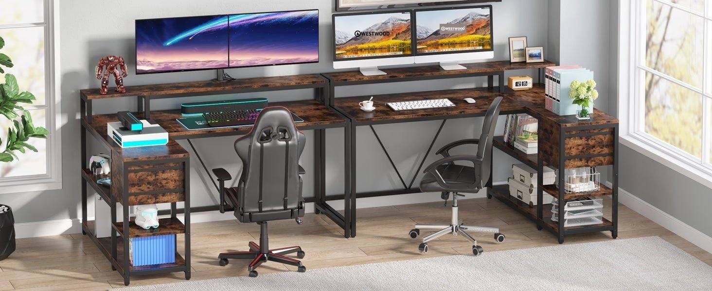 Reversible L-Shaped Desk, Industrial Corner Desk with Drawer & Shelves