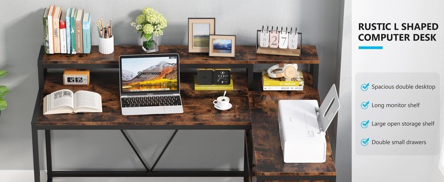Industrial Corner Desk Home Office Table with Storage Shelves and Monitor Stand