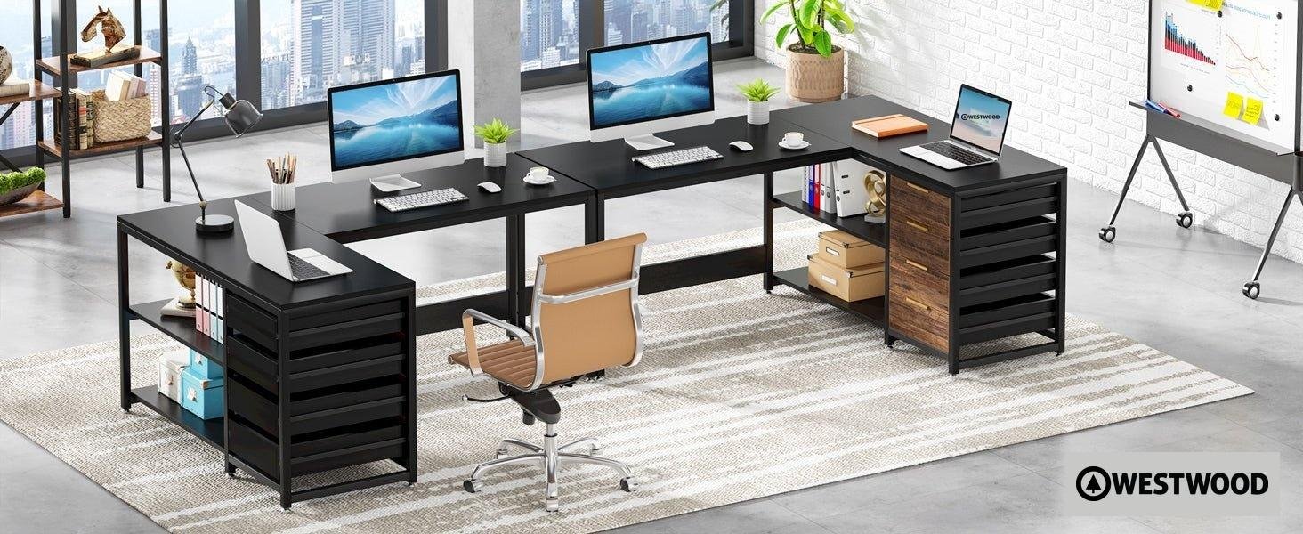 59" L-Shaped Desk, Reversible Corner Desk with Drawers & Shelves