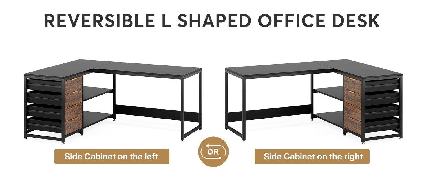 59" L-Shaped Desk, Reversible Corner Desk with Drawers & Shelves
