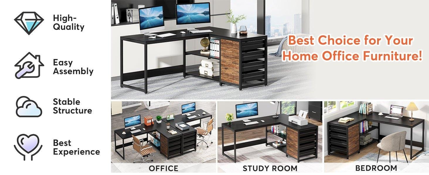 59" L-Shaped Desk, Reversible Corner Desk with Drawers & Shelves