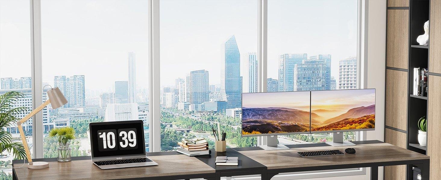 90.55" Two Person Desk, Double Computer Desk with Storage Shelves