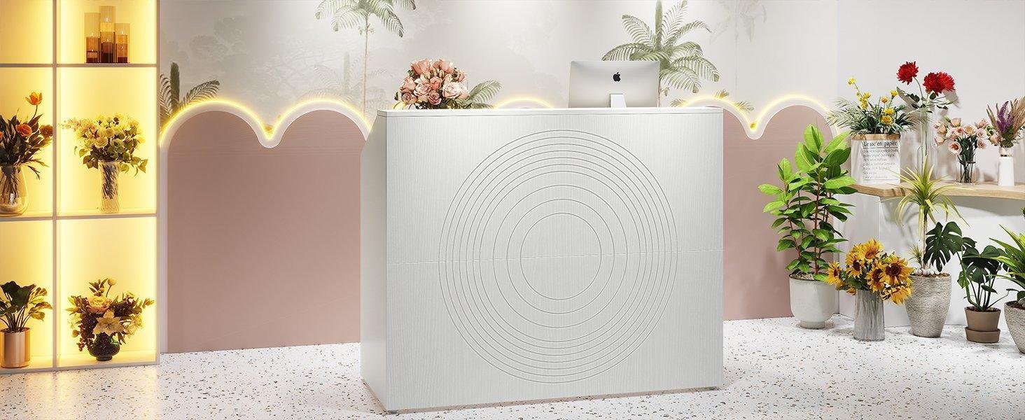 46.46" Modern Reception Desk, White Front Counter with Cable Grommet for Salon and Home Office