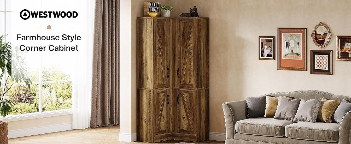 70.8" Corner Bookcase, Farmhouse Corner Storage Cabinet with Doors