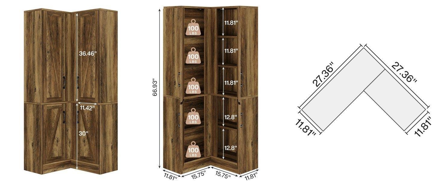 70.8" Corner Bookcase, Farmhouse Corner Storage Cabinet with Doors