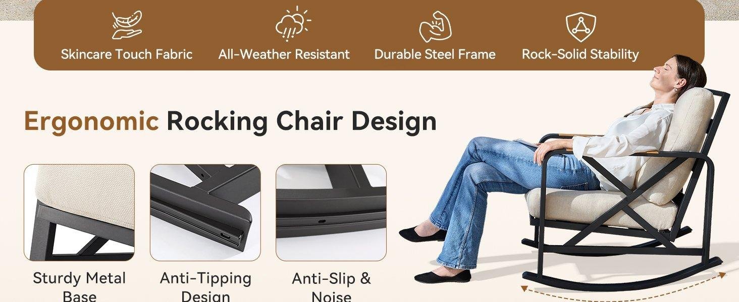 Outdoor Rocking Chair, Patio Seating Waterproof Rocker with Thick Cushion