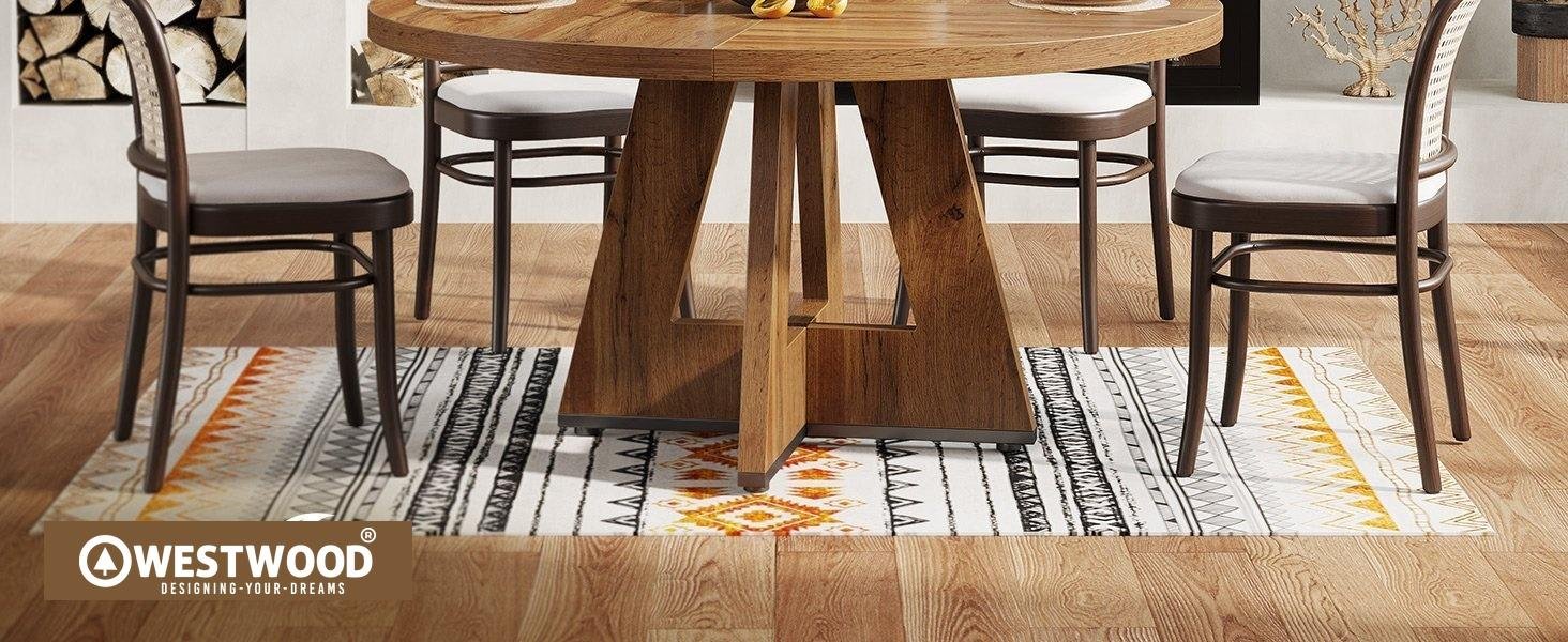 The Westwood Farmhouse Dining Table embodies rustic charm and modern utility in a 47-inch round table built to comfortably seat four people.