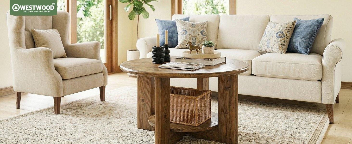 Round Coffee Table with 2-Tier Storage