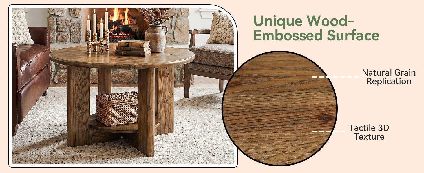 Solid Wood Round Coffee Table, 2-Tier Accent Center Table with Storage