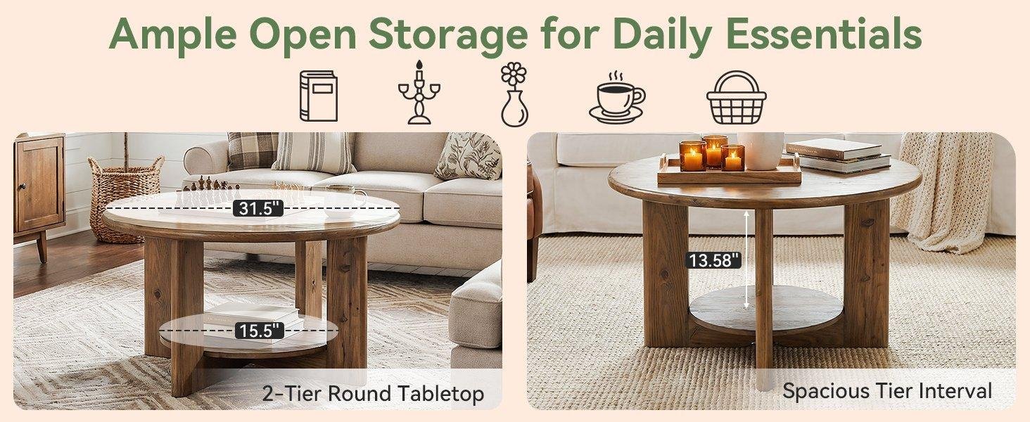 Solid Wood Round Coffee Table, 2-Tier Accent Center Table with Storage