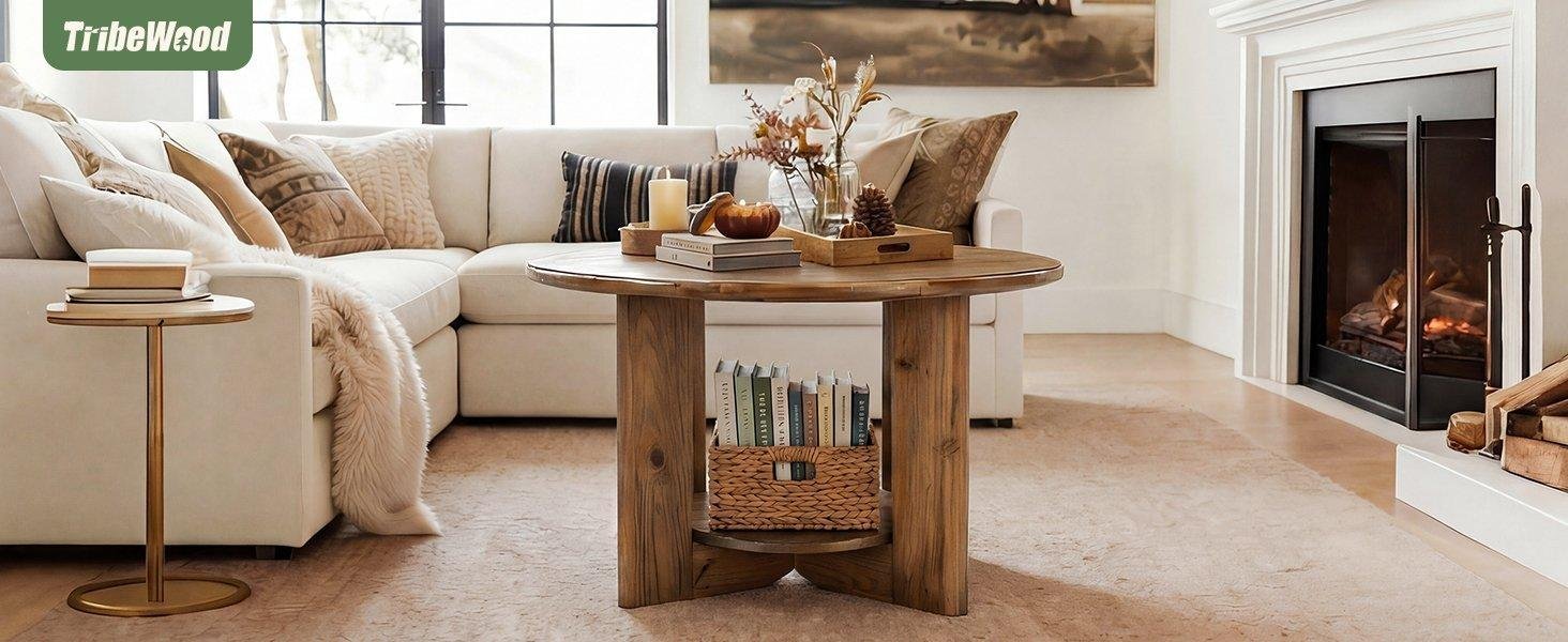 Solid Wood Round Coffee Table, 2-Tier Accent Center Table with Storage