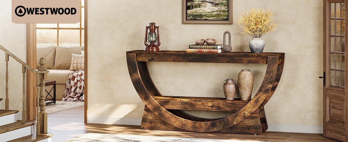 63" Console Table, 2-Tier Entryway Table with Storage Shelves & Arched Frame