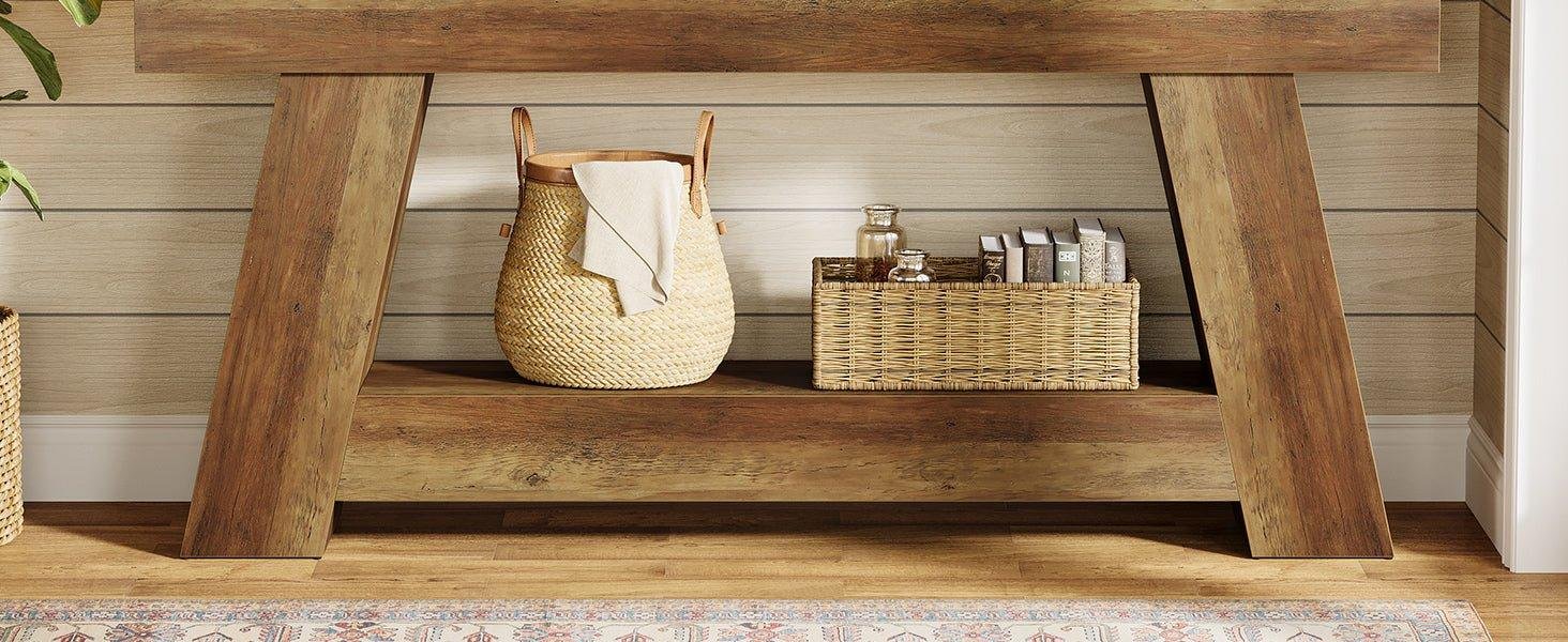 70.87" Console Table, Farmhouse 2-Tier Sofa Table with Open Storage Shelf