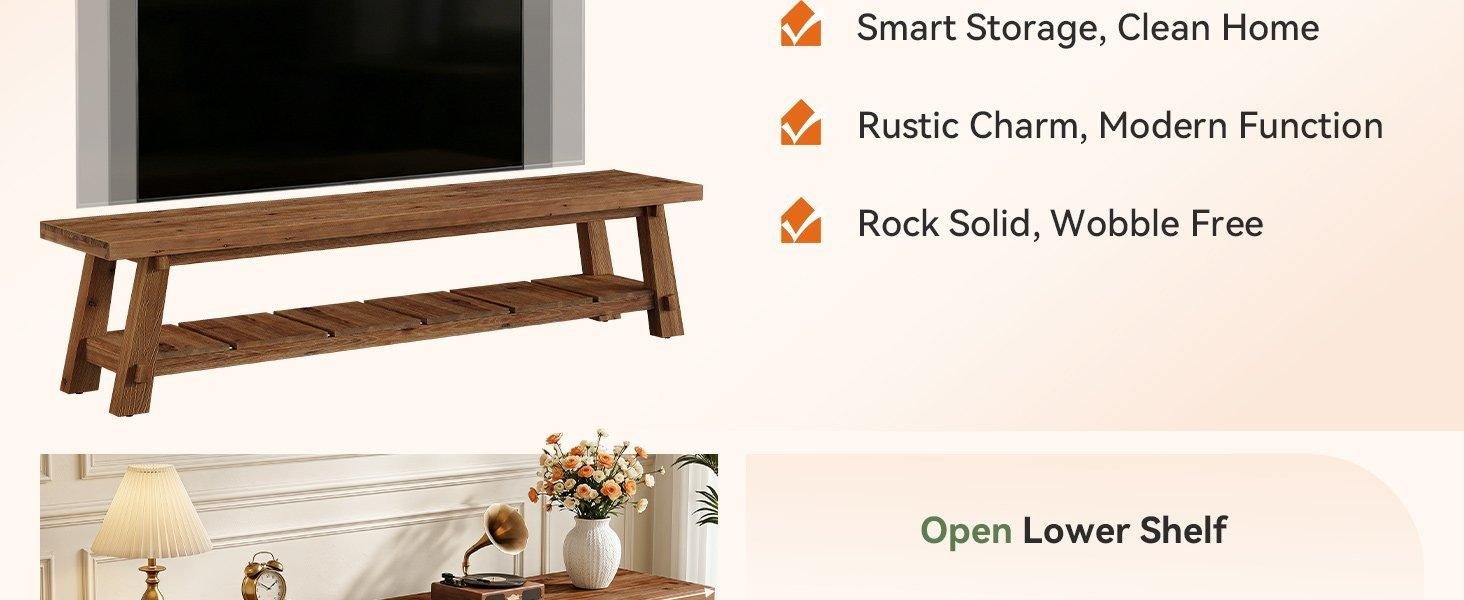 71" Extra Long TV Stand, Solid Wood Entertainment Center with Open Storage Shelves for TVs up to 85"