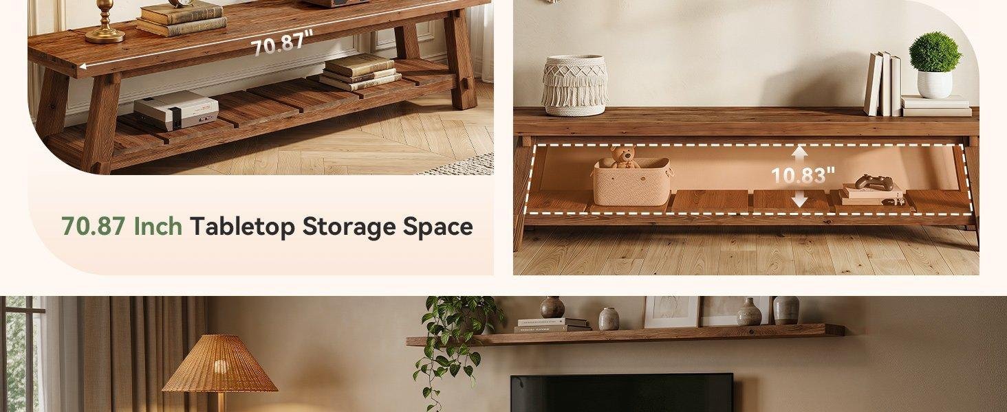 71" Extra Long TV Stand, Solid Wood Entertainment Center with Open Storage Shelves for TVs up to 85"