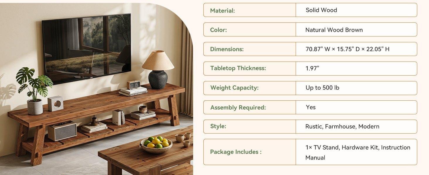 71" Extra Long TV Stand, Solid Wood Entertainment Center with Open Storage Shelves for TVs up to 85"