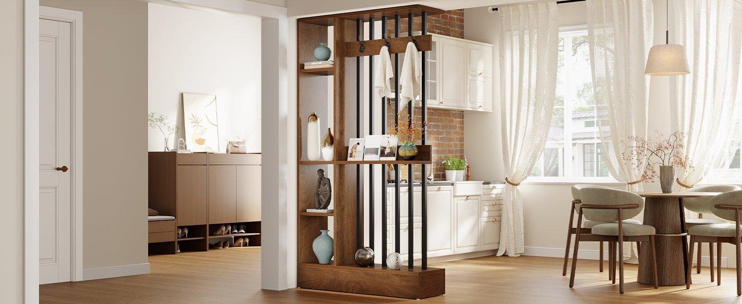 71" Wall Room Divider, Wood Freestanding Wall Partition Bookcase with Coat Hooks